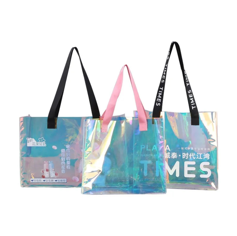 Women's Custom Logo Print Holographic Laser PVC Shopping Bag Transparent Plain Tote Bag with Letter Pattern Beach Style