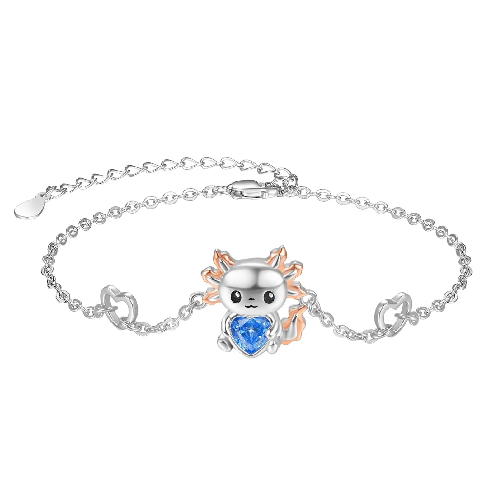Cute Animal Design Jewelry S925 Sterling Silver Two Tone Heart Crystal Birthstone Axolotl Fish Chain Bracelet