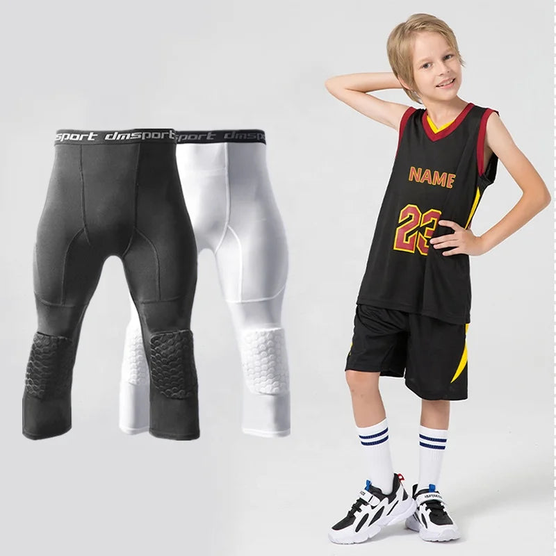 Children's Padded Pants with Honeycomb Knee Pad 3/4 Capri Compression Pants for Basketball Football Baseball
