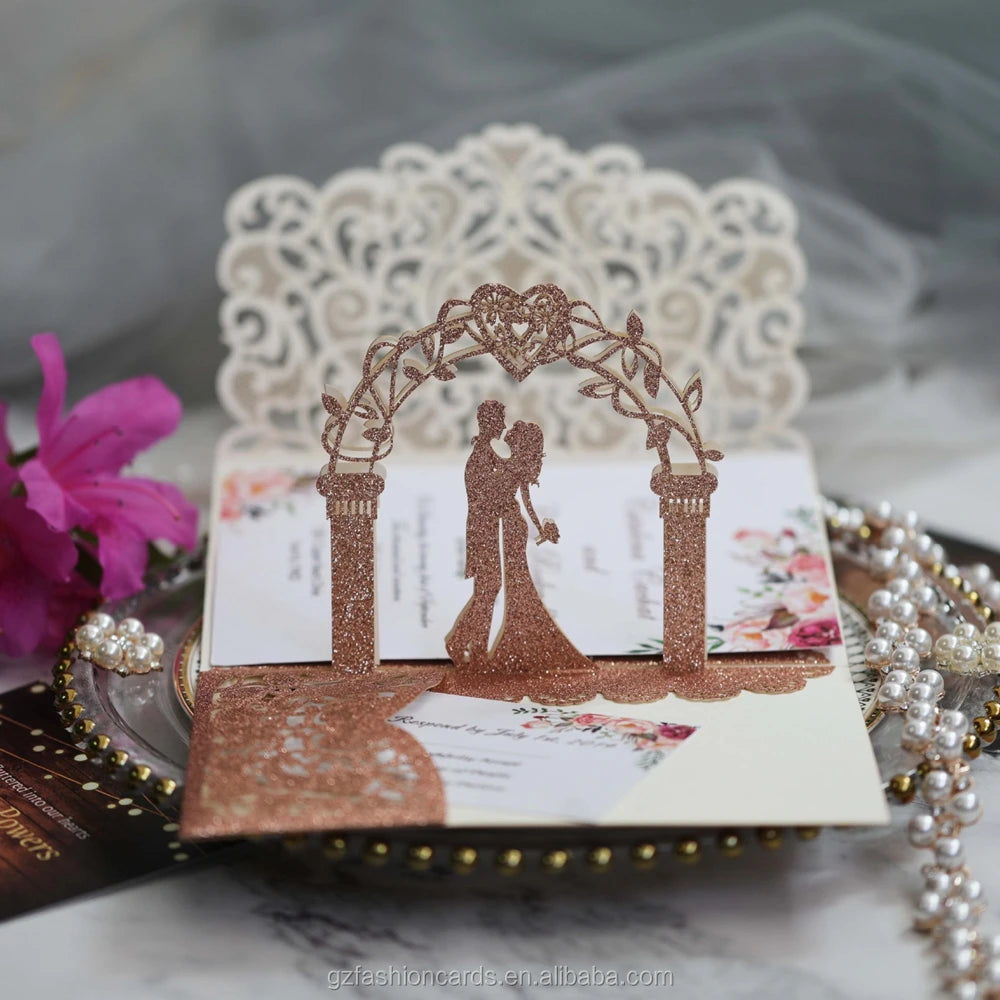 Rose Gold Glitter 3D Laser Cut Wedding Invitation Card Laser Glitter Paper and Custom Birthday Invitation Cards Thank You Cards