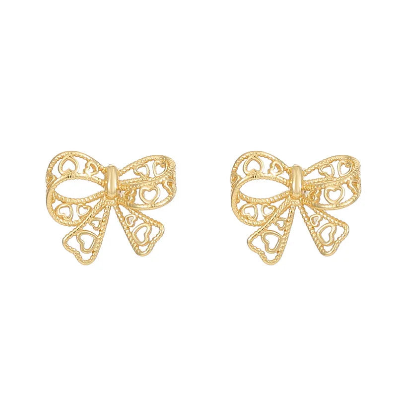 Gold Plated Women Jewelry 925 Sterling Silver Hollow Bowknot Stud Earrings