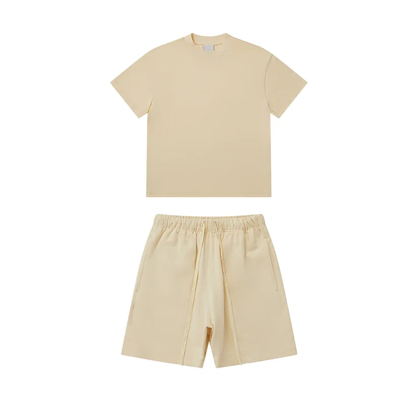Men's High Neck Terry T-Shirt Shorts Set Custom Logo White Two-Piece Summer Outerwear Comfortable and Stylish