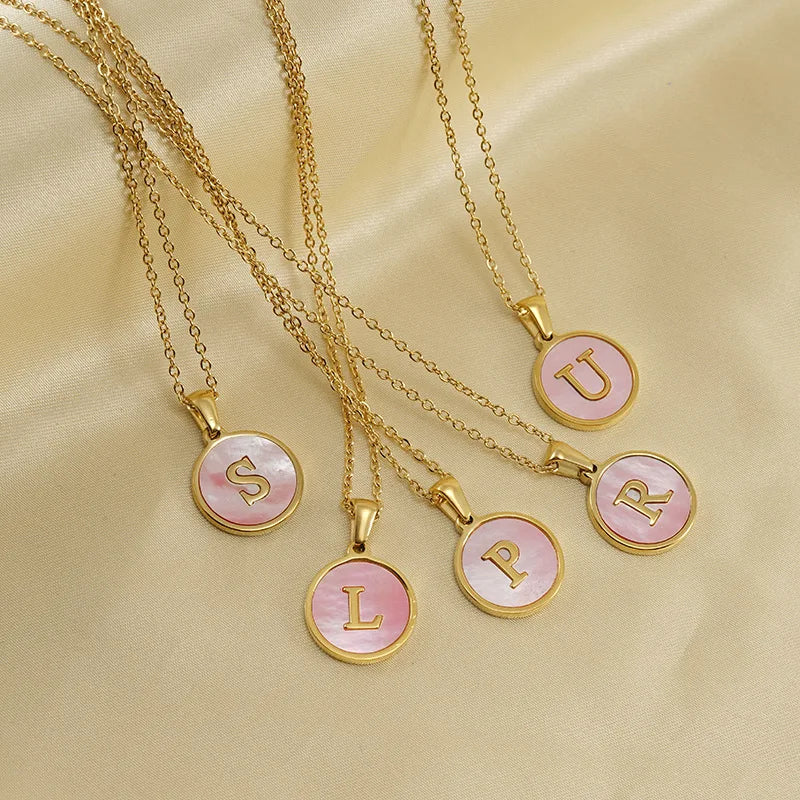 Minimalist Letter Necklace Pink Shell 26 Initial Choker Chain 18K Gold Plated Necklace for Girls Mother
