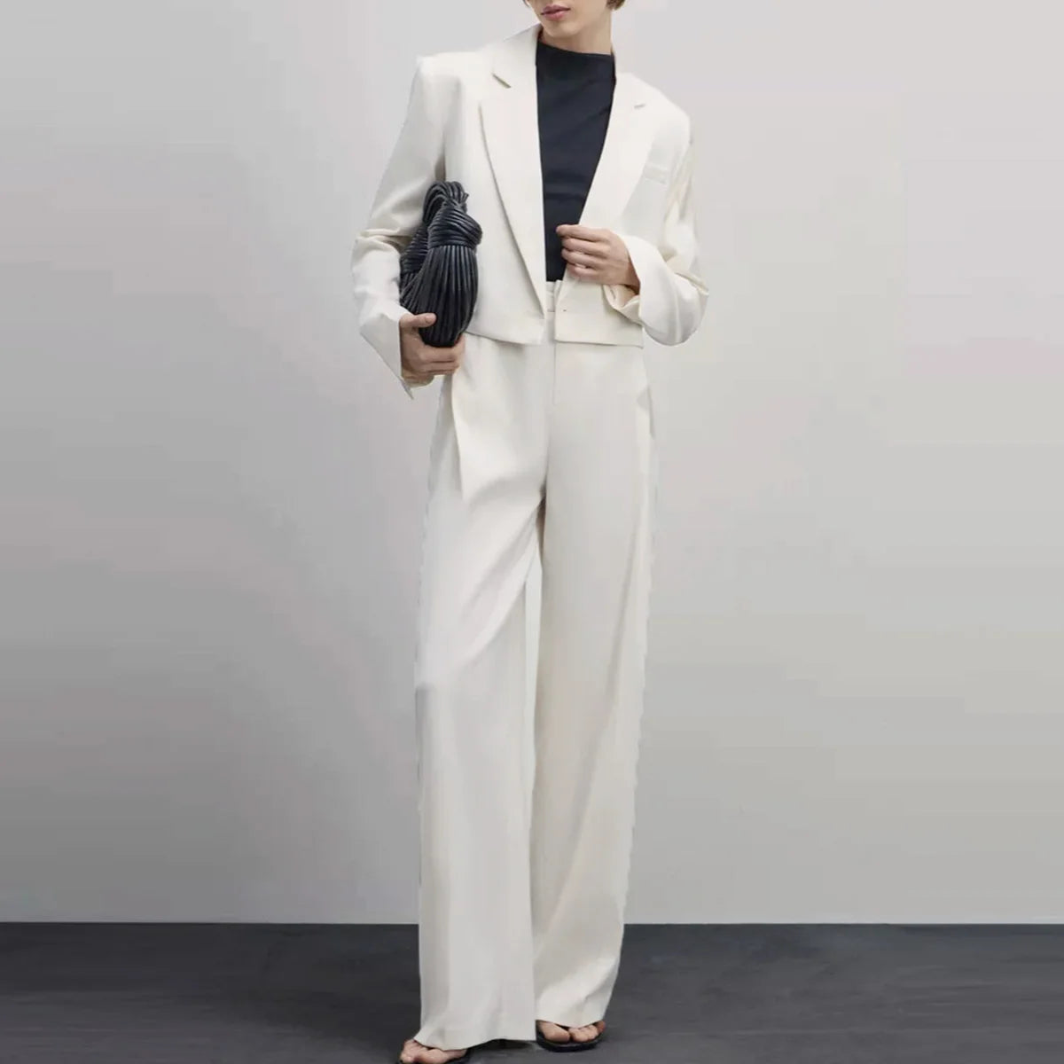 Enyami Cropped Blazer Suit Femme Mujer Casual Coats Suits Office Formal Blazer Women Jacket Long Pants 2 Pieces Set