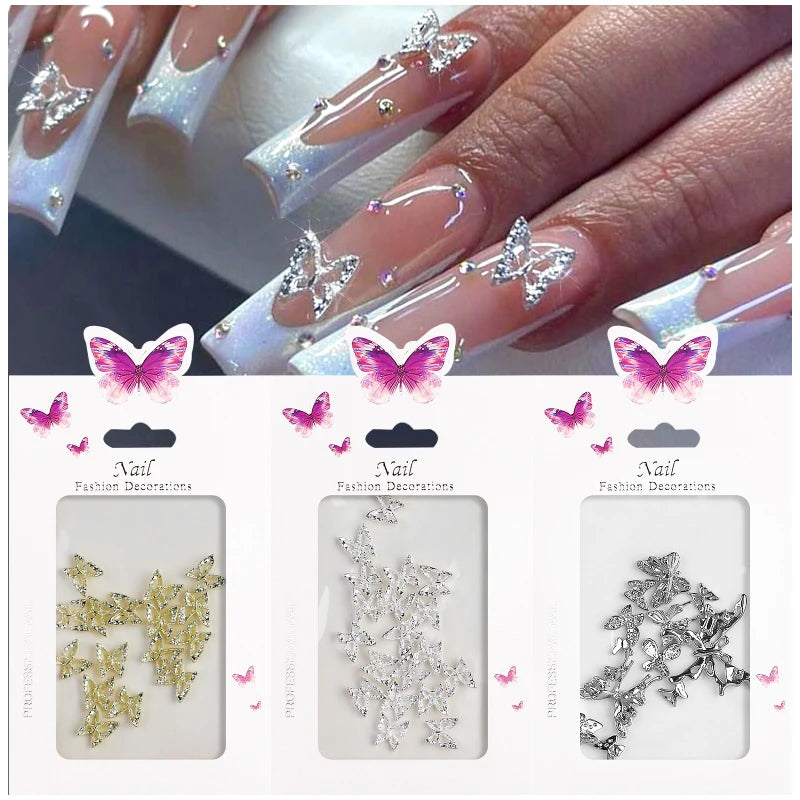 Valentine's Day Butterfly Nail Art Charms Parts 20pcs/10pcs Gold Silver Alloy Hollow Rhinestones with Crystal Glitter Material