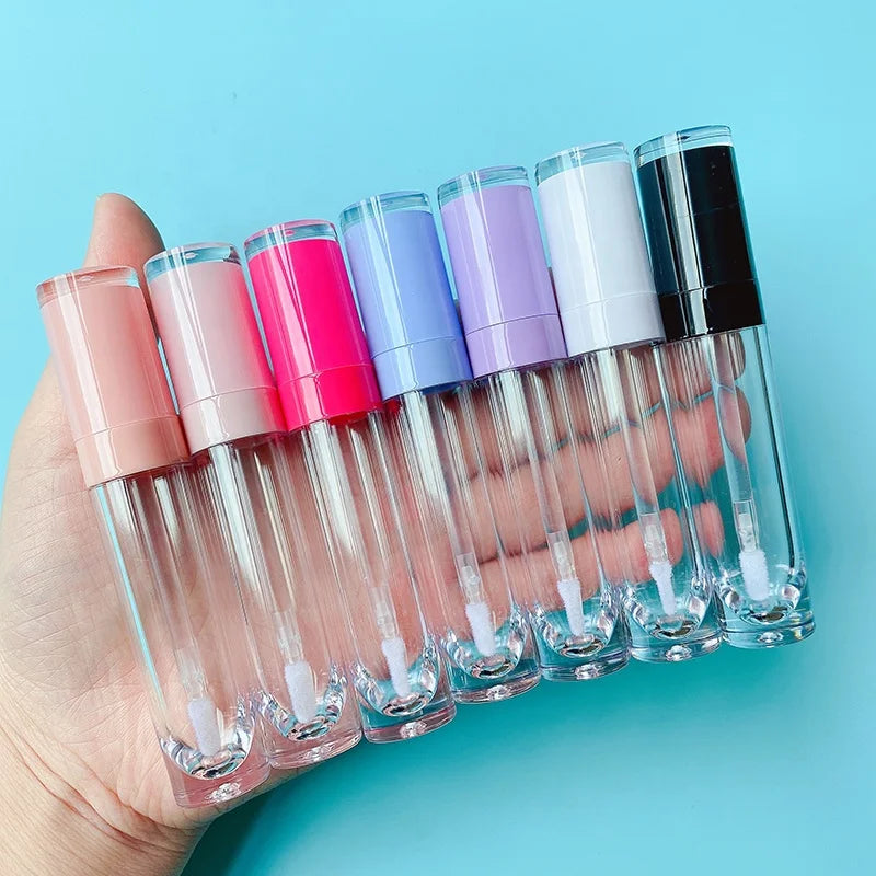 LZ Pack Stock 50pcs Round White Black Pink Blue 9ml Liquid Lipstick Tubes Clear Bottle Custom Logo Lip Gloss Tubes With Wand