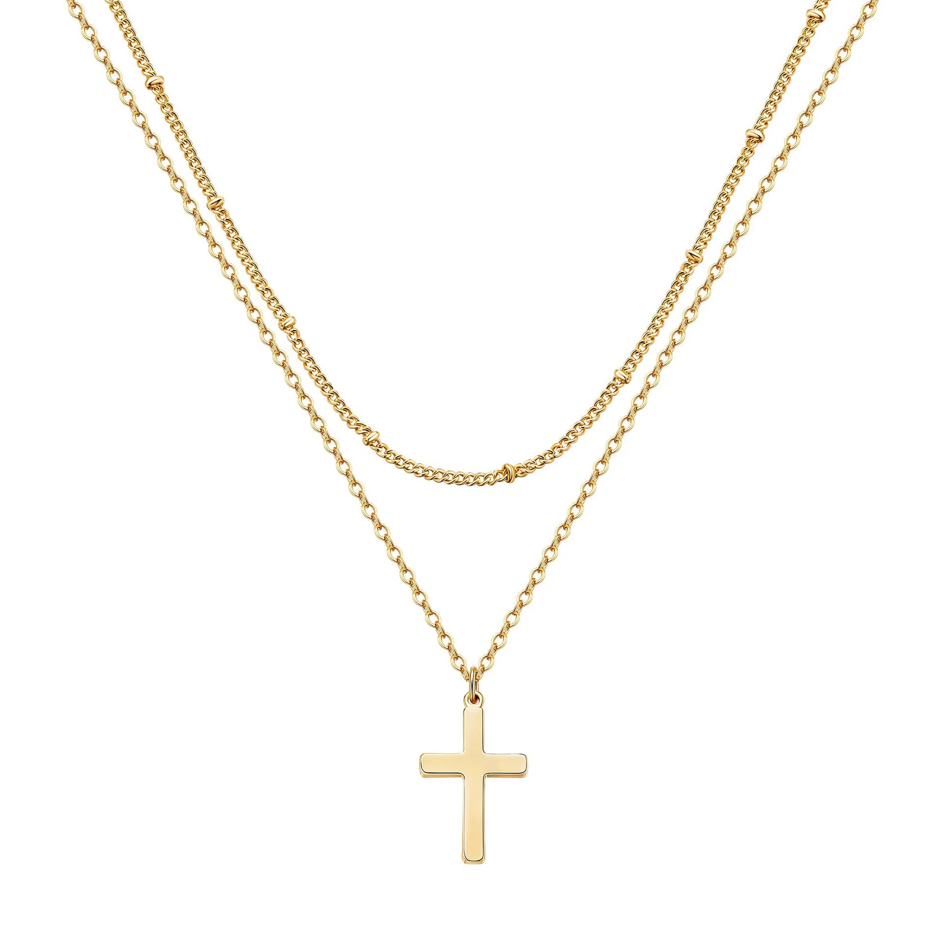 Wholesale Titanium Small Cross Pendant Necklace Jewelry 18k Gold Beaded Chain Stainless Steel Double Layered Cross Necklace