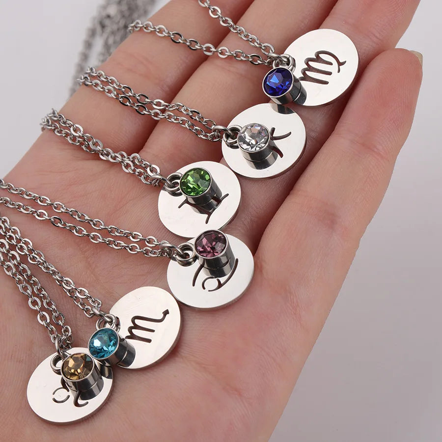 Luxury Silver Plated 316L Stainless Steel Constellations Pendant Woman Birthstone 12 Zodiac Sign Necklace Jewelry