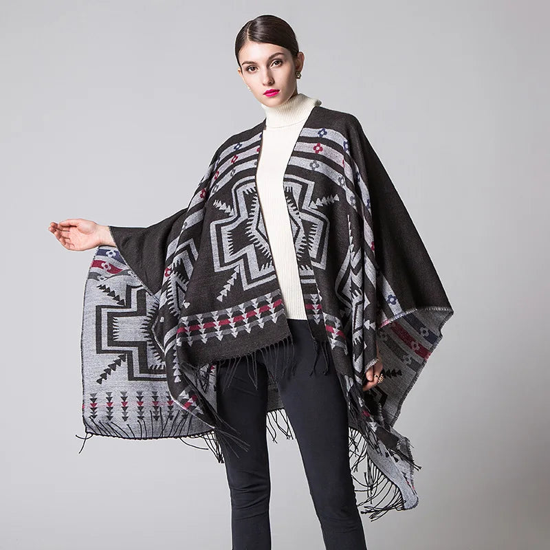 Wholesale Ethnic Style Ponchos Capes Tassel Faux Cashmere Travel Women Shawl