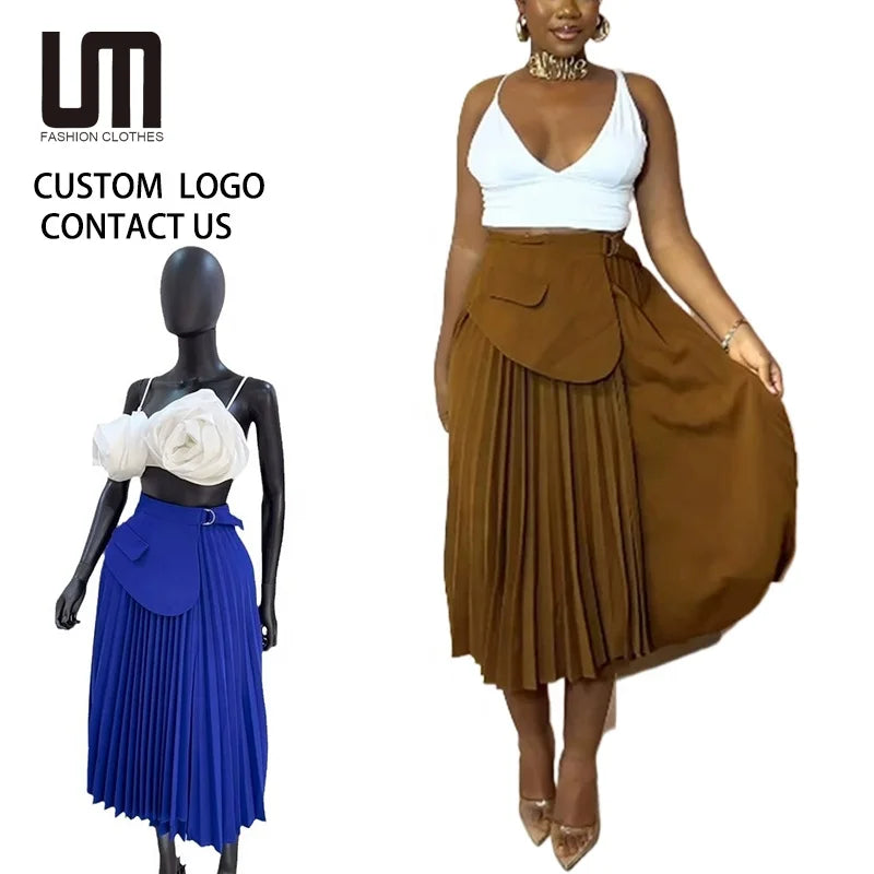 2025 Summer Women's Fashion Skirt - Lace-Up High Waist Pleated A-Line Skirt (Irregular Hem Mid-Length)