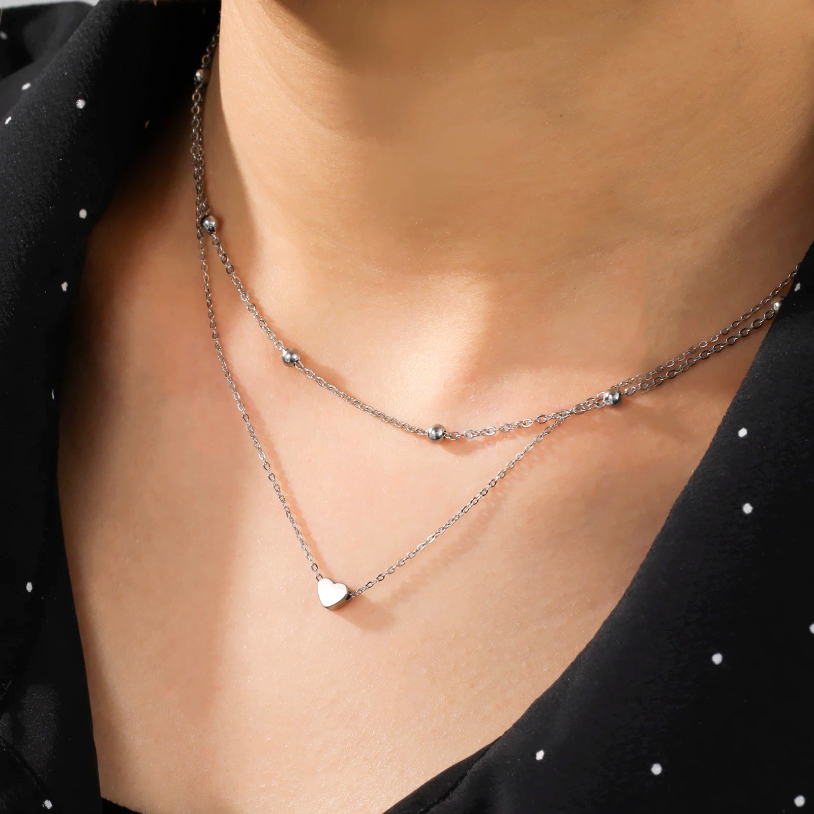 Stainless Steel Double Layer Heart Necklace Fashion Jewelry Pearl Beads Pendant Clavicle Necklace for Women Party Birthday Gifts
