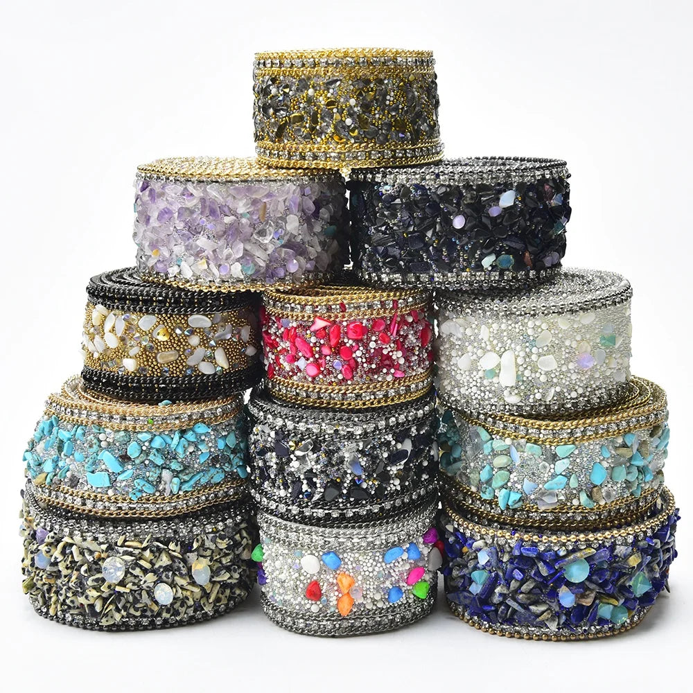 3.5Cm Width Rhinestone Metal Chain Trim Hot Fix Gravel Stones Caviar Beads Tape Ribbon Self Adhesive Crystal Banding for Garment
