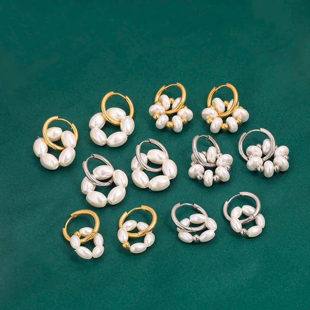 Powell Custom Handmade Women's Stainless Steel Jewelry Freshwater Pearl Waterproof Hoop Earring Geometric Shape for Gifts