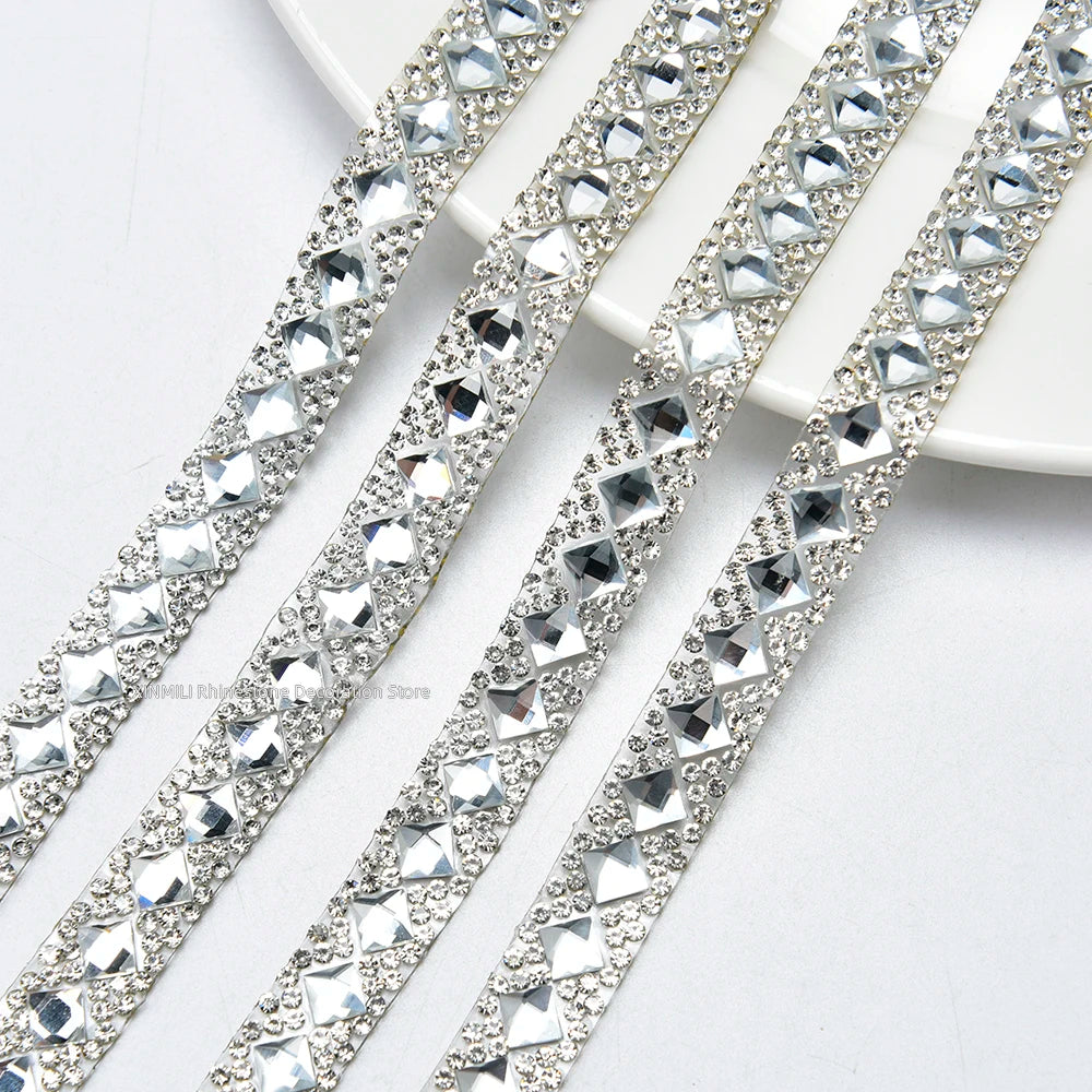 Hot Fix Glass Square Rhinestone Trim Iron on Round Crystal Tape Glitter Strass Ribbon for Wedding Cake Dress Belt Accessories