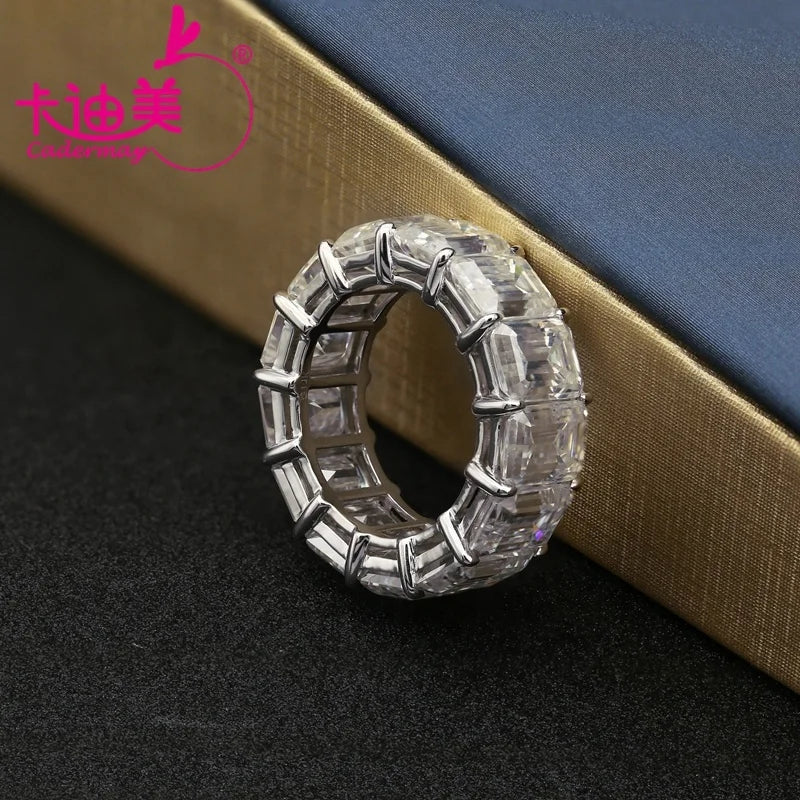 Cadermay Hip Hop Jewelry 14K Solid White Gold Luxury Ring 6x8mm Emerald Cut Moissanite Full Eternity Ring Band for Man and Women