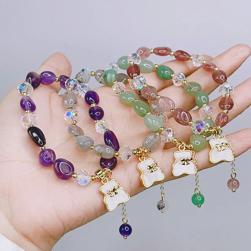 Cartoon Bear Girl Amethyst Strawberry Crystal Beaded Beaded Bracelet Shell Bear Charm Pendant Quartz Crystal Beaded Bracelet