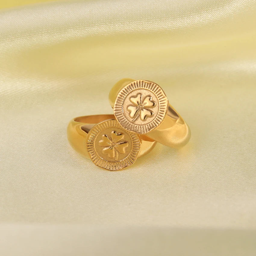 Islamic Jewelry Four Leaf Clover Ring Stainless Steel Jewelry Wholesale Embossing Ring Irregular Round Ring Waterproof Jewelry