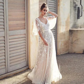 2023 New European and American Women's Deep V Mid Length Dress Lace Backless Evening Dress