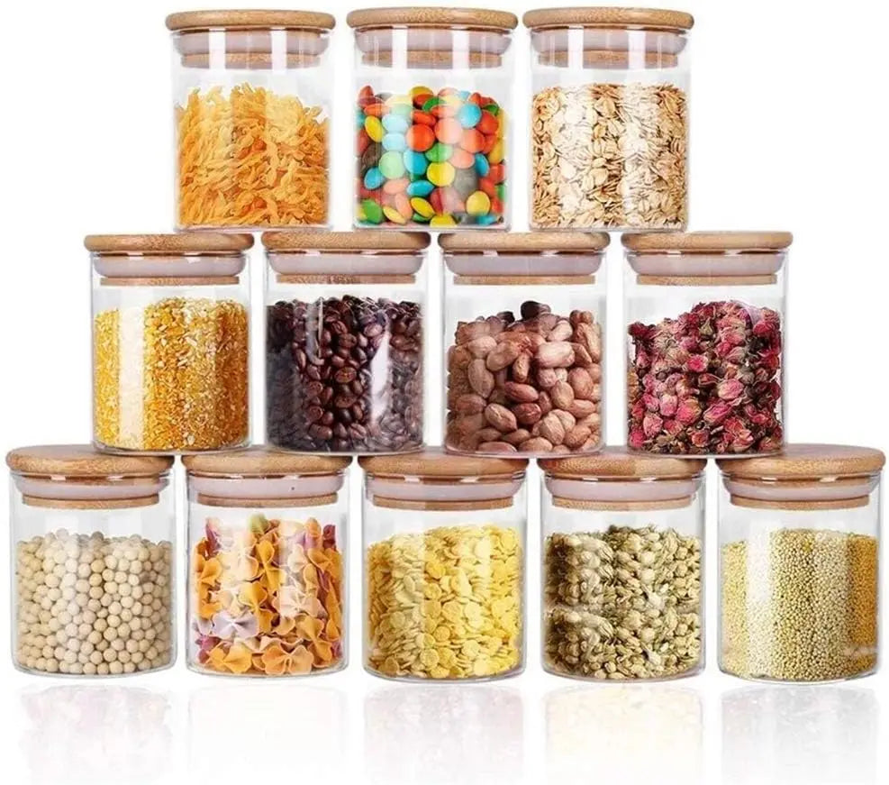 Glass Jars 9OZ 12 Set with Bamboo Airtight Lids and Labels Food Cereal Storage Large Spice Containers for Kitchen