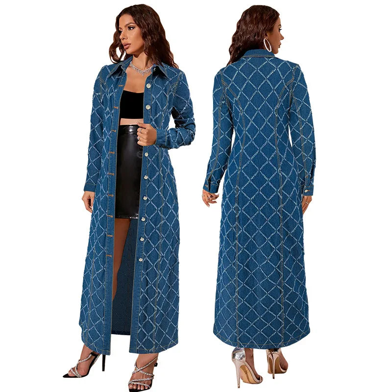 Y218572 High-Quality Denim Dresses Women Casual Elegant Grid Tassels Breasted Cardigan Maxi Dress Ladies Jeans Dresses for Women