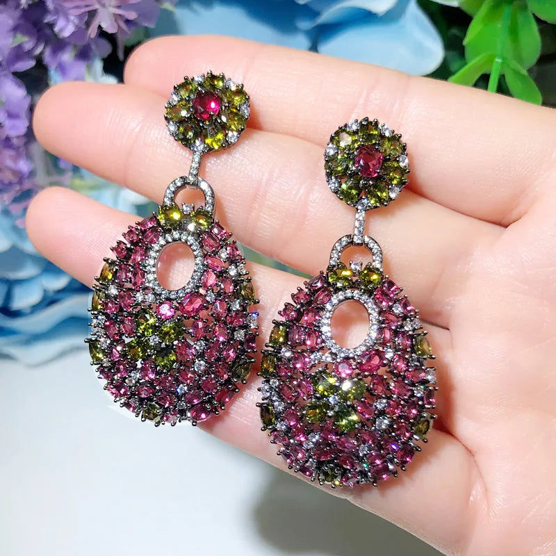Hot Charming Design Cubic Zirconia Rose Red Long Drop Earrings for Women Trendy Luxury Boho Wedding Party Jewelry