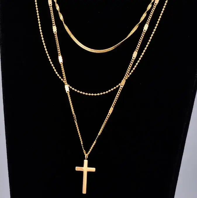 Simple 316L Stainless Steel 18K Gold Cross Pendant Water Wave Chain Necklace Multi Layers Chain Cross Choker Necklace Jewelry