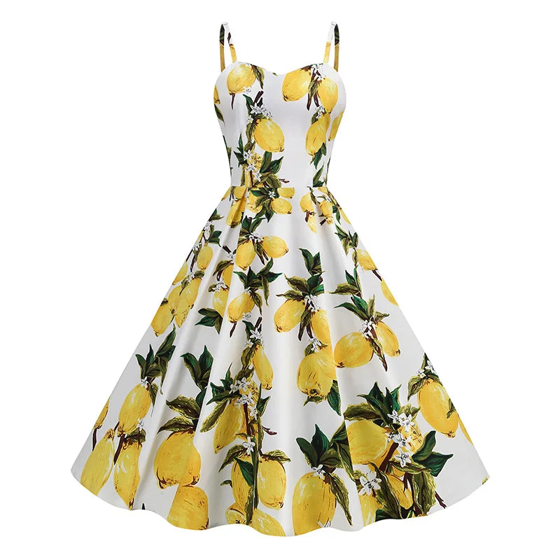 Vintage Rockabilly Swing Dress Retro Cotton Spaghetti Strap Printed Dress Summer Pin up Women Clothing