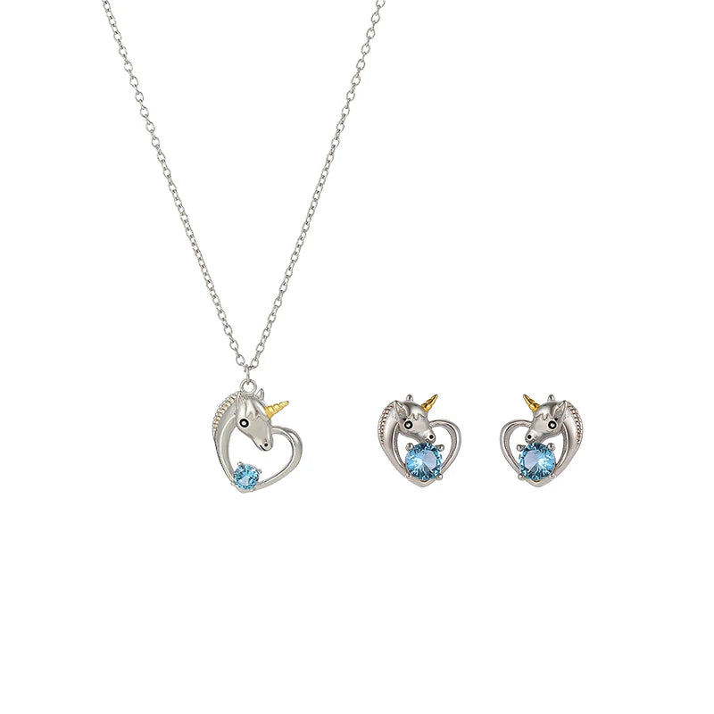 Niche Design Fine Jewelry 925 Sterling Silver unicorn Zirconia Jewelry Kids Sets Earring Pendant Necklace 2 Piece Sets