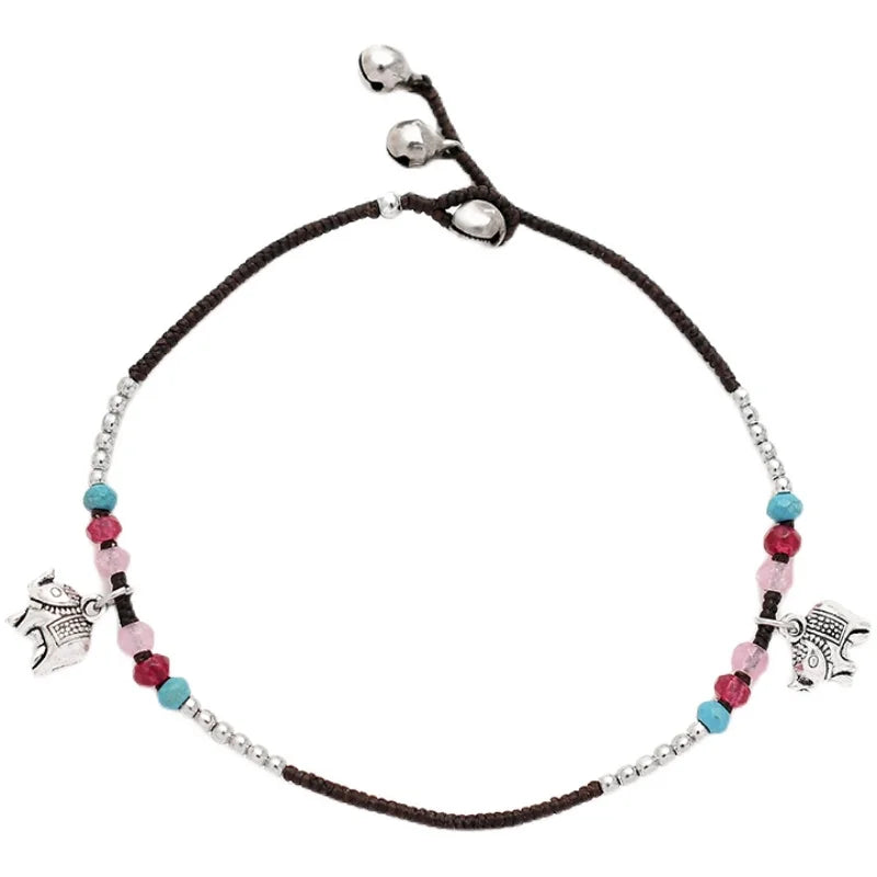 2022 Vintage Handwoven Braided Bracelet and Anklets Waterproof Wax Thread Beach Jewelry with Thailand Elephant Charm for Girls