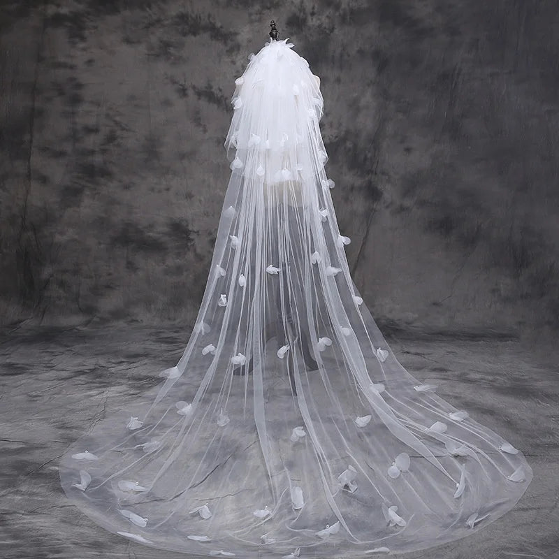 Jachon Long Flower White Lace Wedding Hair Comb Veils Tulle Sheer Wedding Bridal Veils Cathedral for Bride