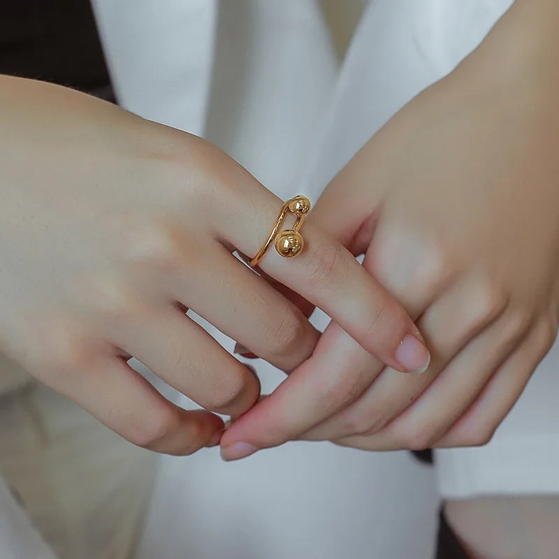 Minimalist Stainless Steel 18K PVD Gold Plating Double Ball Rings Jewelry Female Men for Party Tarnish Free