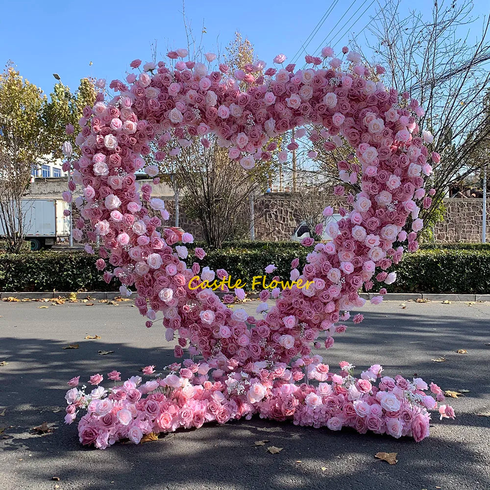 Artificial Flowers Row Red pink Roses Arch Heart Shaped Shelf Round Arch Backdrop Mori Tied Lawn Wedding Proposal Arrangement