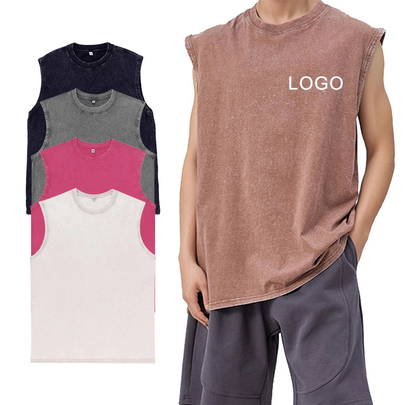 Custom Logo Men's Casual Sleeveless Top Tshirts 100% Cotton Distressed Vintage Washed Breathable Quick Dry Knitted Tank Tops"
