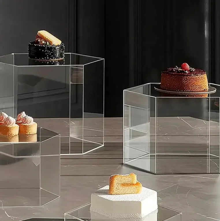 6pcs Clear Hexagon Buffet Risers Acrylic Display Boxes Food Risers and Acrylic Display Base for Food Holder