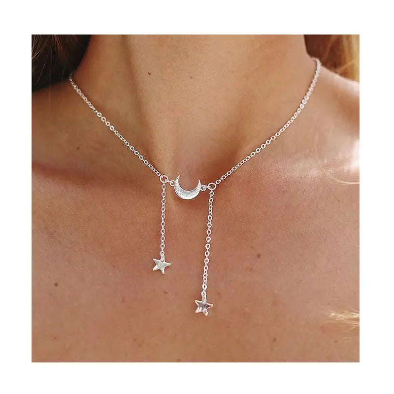 Women's Fashion Simple Gold Plated Necklace Trendy Moon and Star Necklaces Link Chain Jewelry Made of Alloy