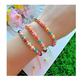 BM1081 Bohemian Elastic Multi Colored Rainbow Seed Bead Vinyl Discs Polymer Heishi Beaded 18K Gold Ball Beaded Macrame Bracelets