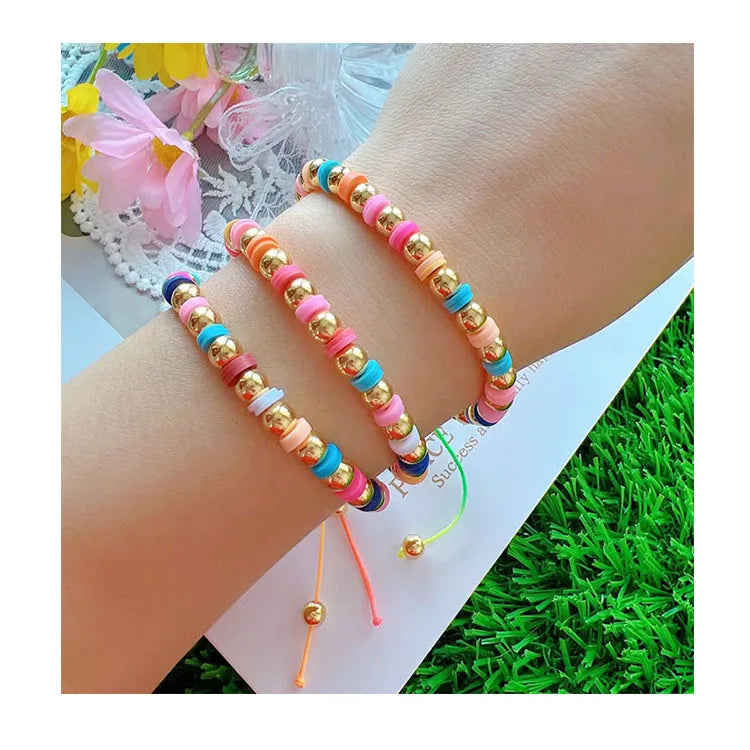 BM1081 Bohemian Elastic Multi Colored Rainbow Seed Bead Vinyl Discs Polymer Heishi Beaded 18K Gold Ball Beaded Macrame Bracelets