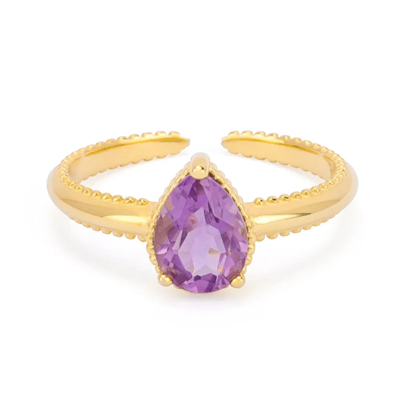 Sterling Silver Rings with Gestones for Woman Jewelry Prong Setting Amethyst Adjustable Pear Shape Checkerboard Rings
