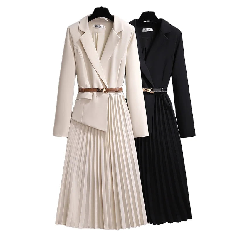 RNSHANGER Autumn New French Fake-two Piece Age Reducing Dress Fashionable Slimming Mid Length Long Sleeved Pleated Dress