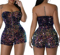 S-XXL Strapless Zippered Jumpsuit Fashion Sequin Nightclub Party Short Skirt Jumpsuit
