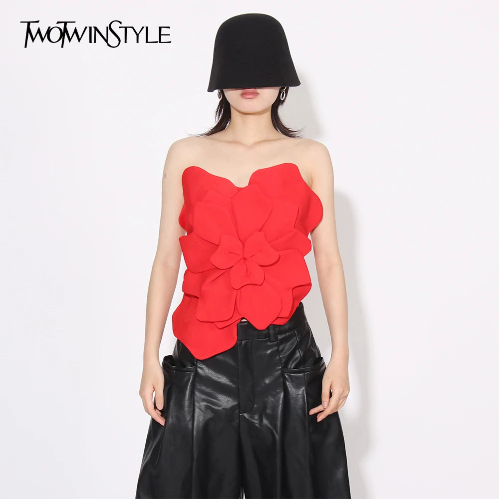 TWOTWINSTYLE Women's 3D Floral Strap Tube Top Sweet Lace Sleeveless Vest Casual Slim Fit Short Blouse Breathable Shirt
