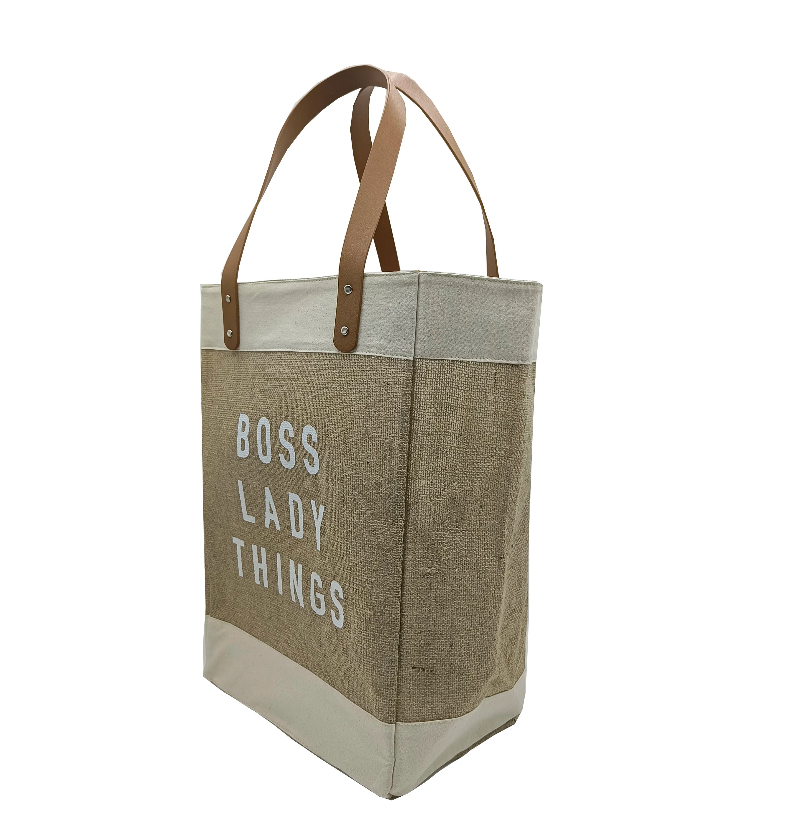 Food Grade Custom Logo Canvas Burlap Jute Bag Tote with PU Leather Straps for Promotion Gift