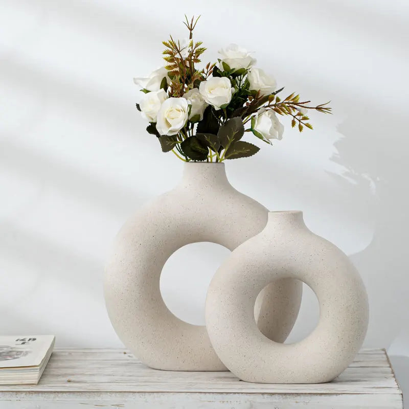 Nordic Decor Small and Large Circular Hollow White Ceramic Vase Round Ring Donut Vases