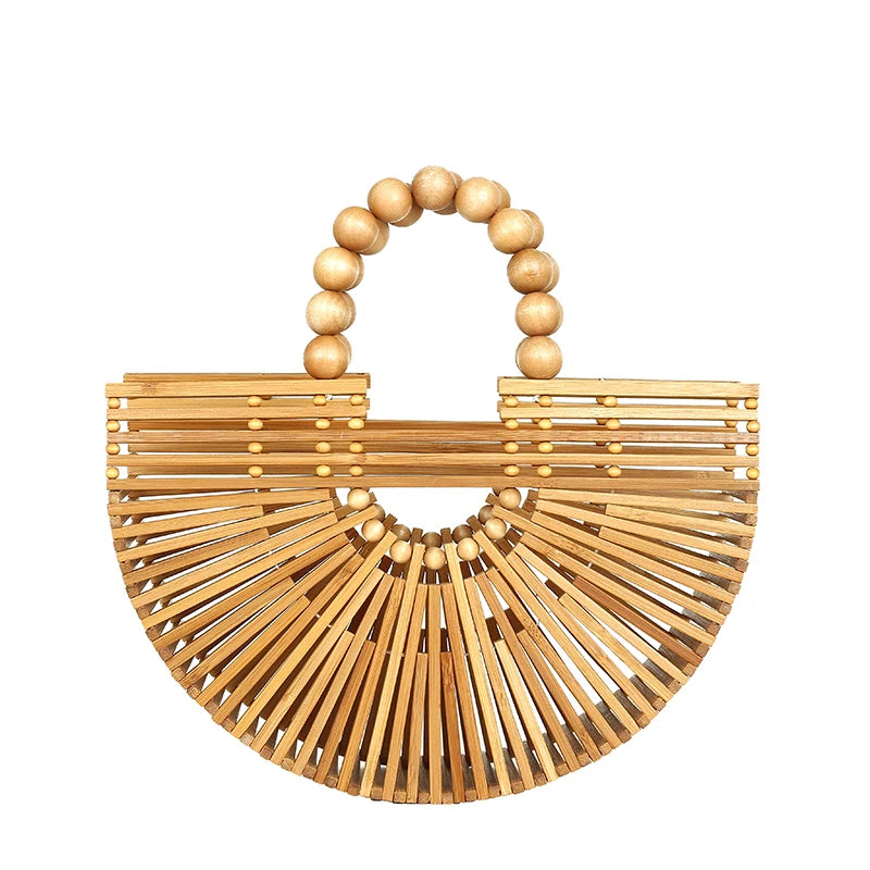 Bohemian Bamboo Bags Women Handbags Wooden Beads Hollow Out Basket Bag Handmade Wood Summer Beach Tote Bag