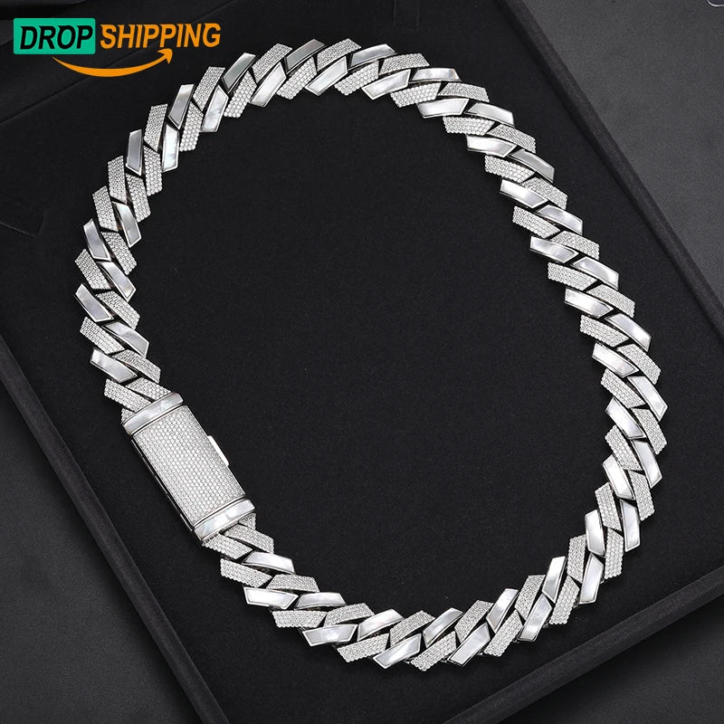 Dropshipping Rapper's Jewelry 18mm Pass Diamond Tester VVS Moissanite Silver Hand Set Shell Iced Out Cuban Link Chain Necklace