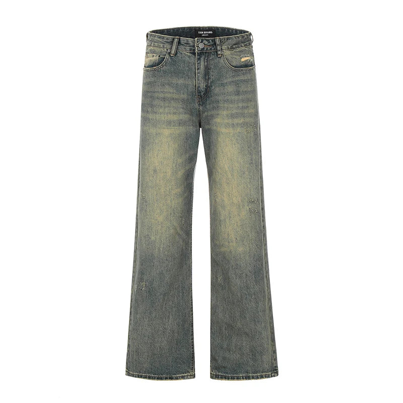 Men's High Street Fashion Light Washed Denim Trousers Blue Retro Cowboy Stacked Flare Autumn Jeans With Zipper Fly