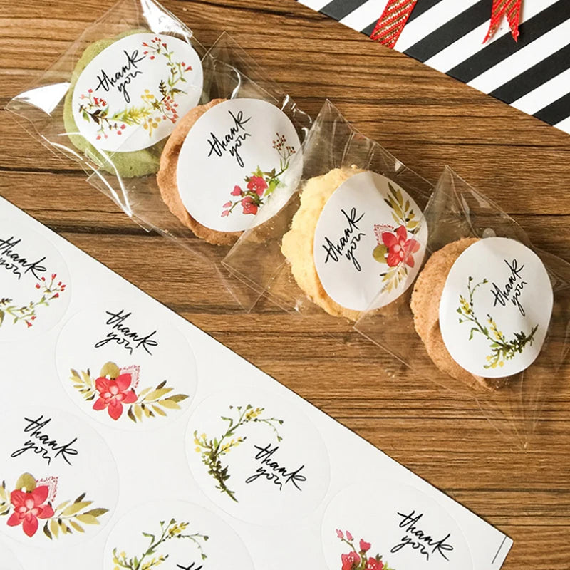 120pcs Per Pack Oval Retro Flower Thank You White Background Sealing Sticker for Handmade Products Package Label