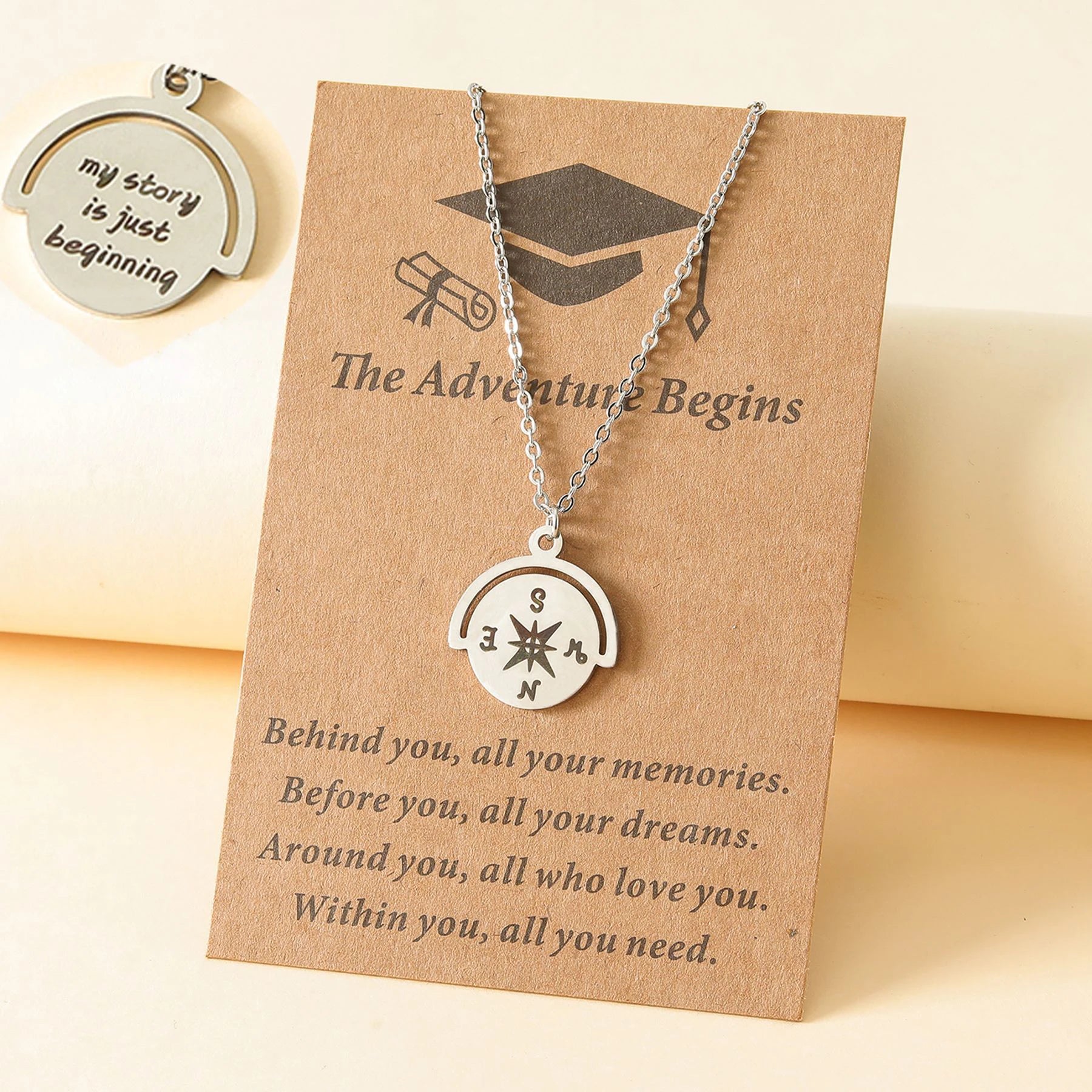 European American Compass Laser Lettering Necklace Graduation Season Gift Jewelry Stainless Steel 2025 Graduation Necklace