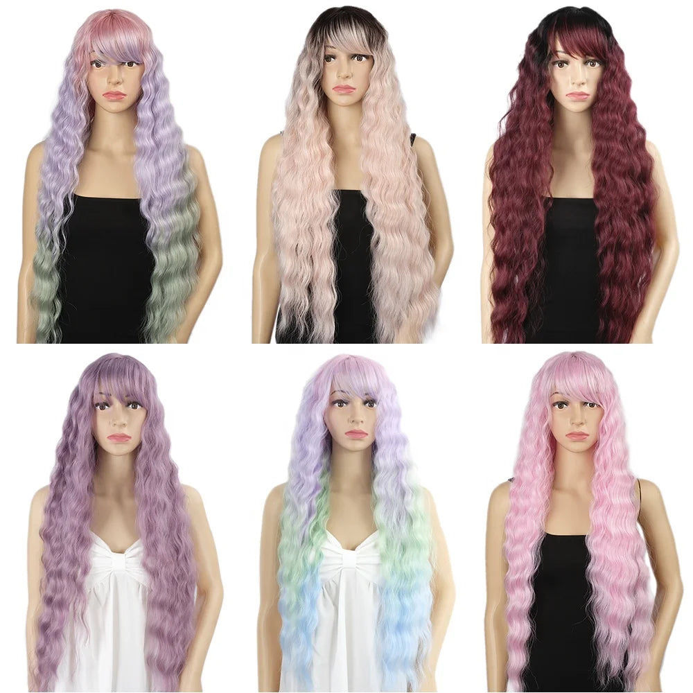 Joedir Cosplay Long Body Wavy Womens Wig Colored Ombre Blonde Wigs Purple for Women Heat Resistant for Women Synthetic Wig