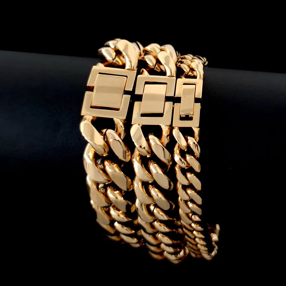 NUOYA 8/10/12MM 18K Gold Plated Miami Pulseras De Oro Stainless Steel Cuban Link Chain Hip Hop Jewelry Men Bracelet